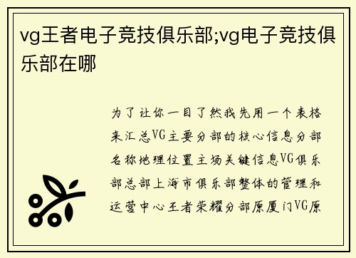 vg王者电子竞技俱乐部;vg电子竞技俱乐部在哪